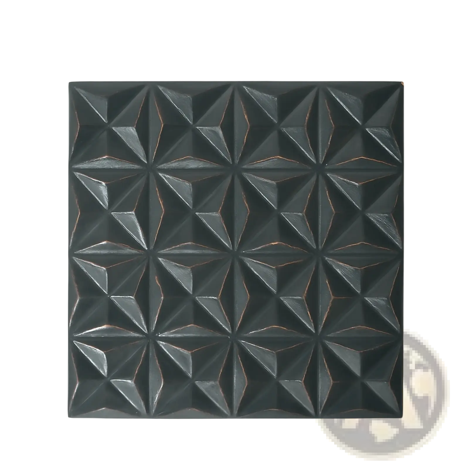Black 16-inch mdf wall decor panel featuring a raised geometric 3d starburst diamond pattern for interior design