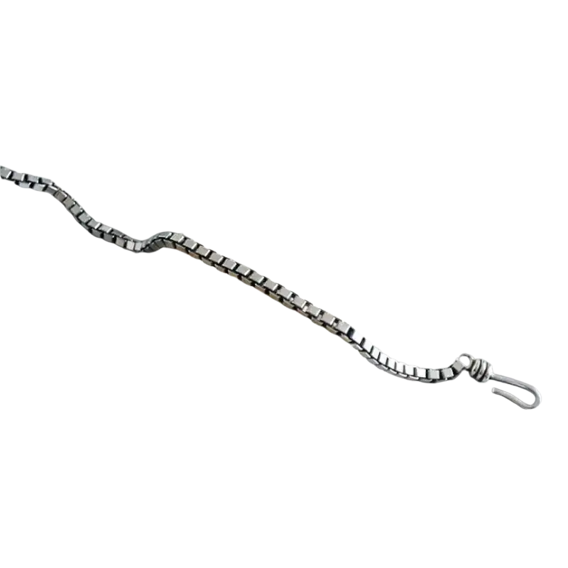 Picture shows a silver geometric metal charm bracelet for couples with a polished finish and secure clasp
