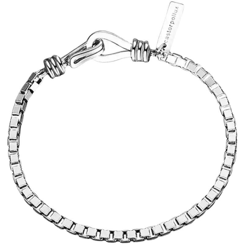 Picture shows a silver-toned geometric metal charm bracelet for couples with interlocking box-link design and castorpollux tag