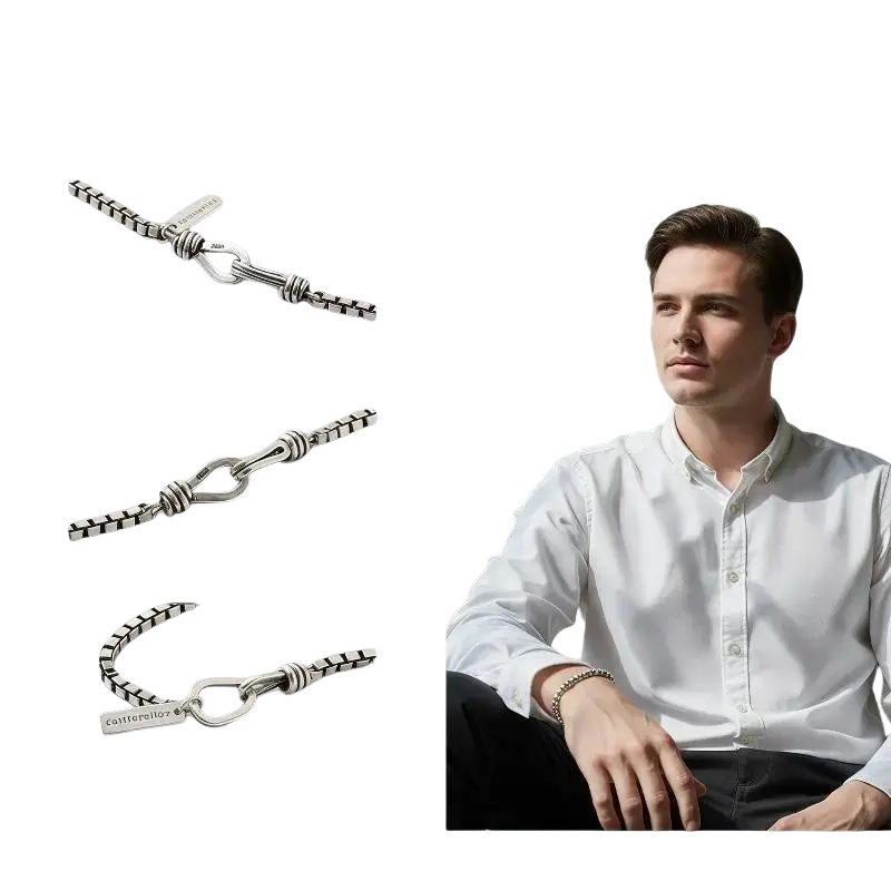 The picture shows a silver-toned industrial-style chain necklace with textured links and a secure hook clasp