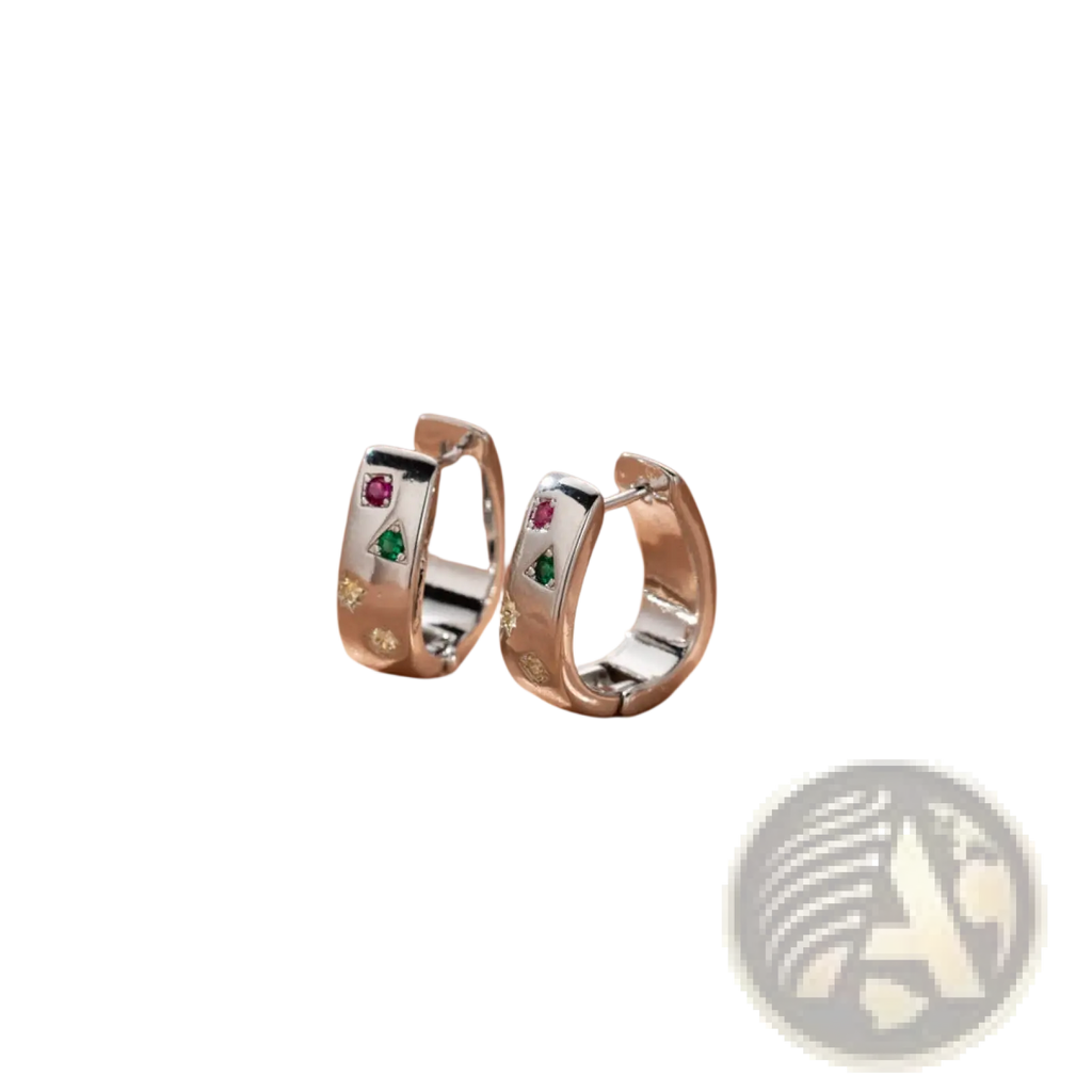 Silver geometric multi color zircon huggie hoop earrings with vibrant red and green gemstones and gold-tone detailing