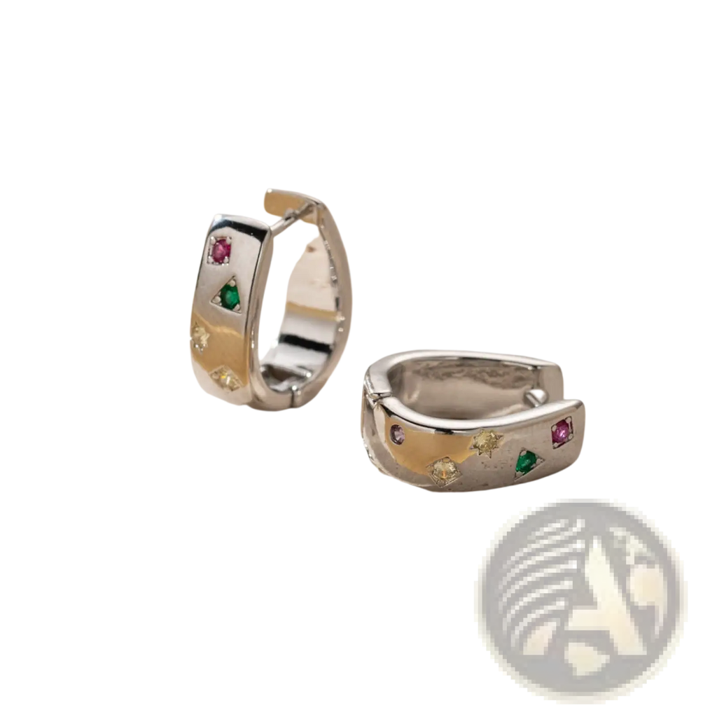 Silver huggie hoop earrings with colorful zircon gemstones arranged in a geometric pattern