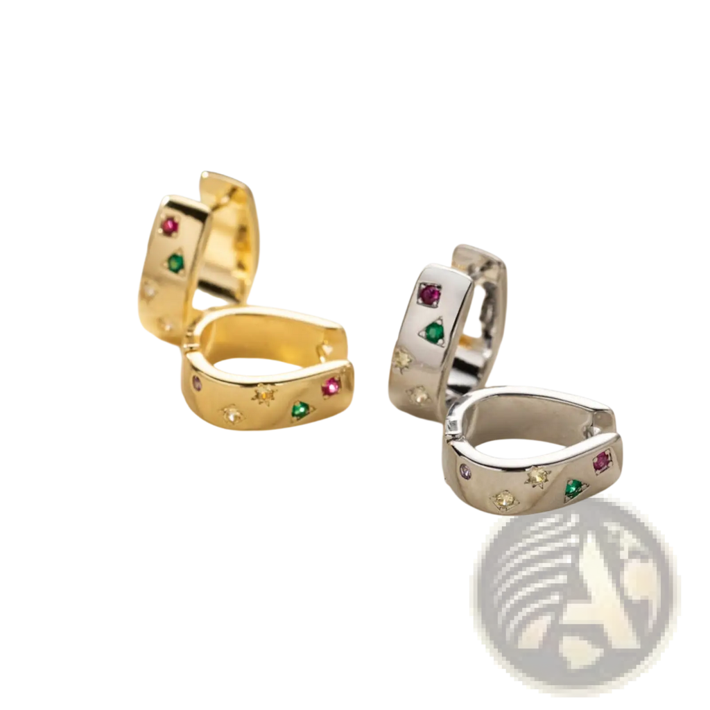 Geometric multi color zircon huggie hoop earrings in gold and silver with colorful starburst gemstone design