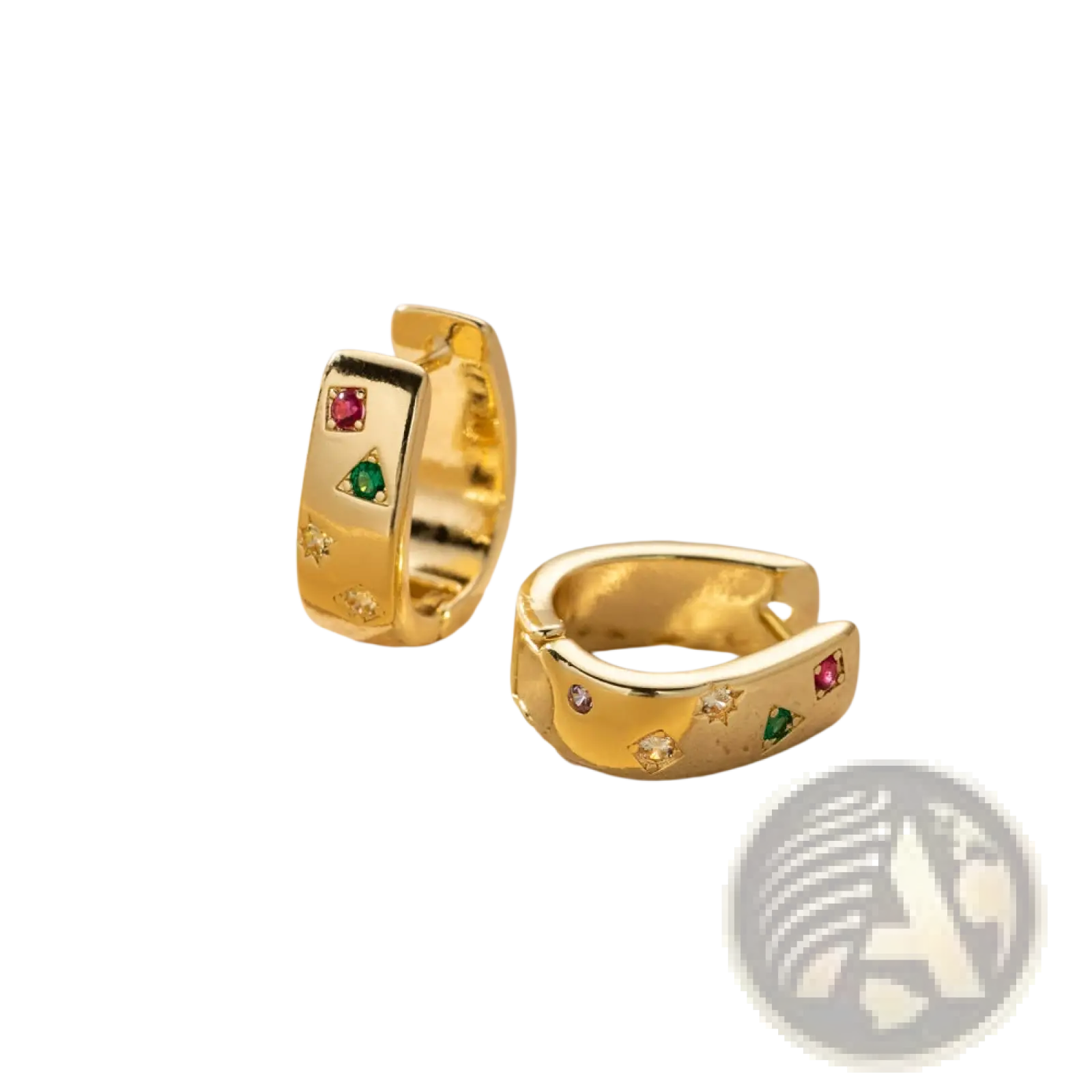 Gold-colored geometric huggie hoop earrings adorned with colorful zircon gemstones in various shapes and sizes
