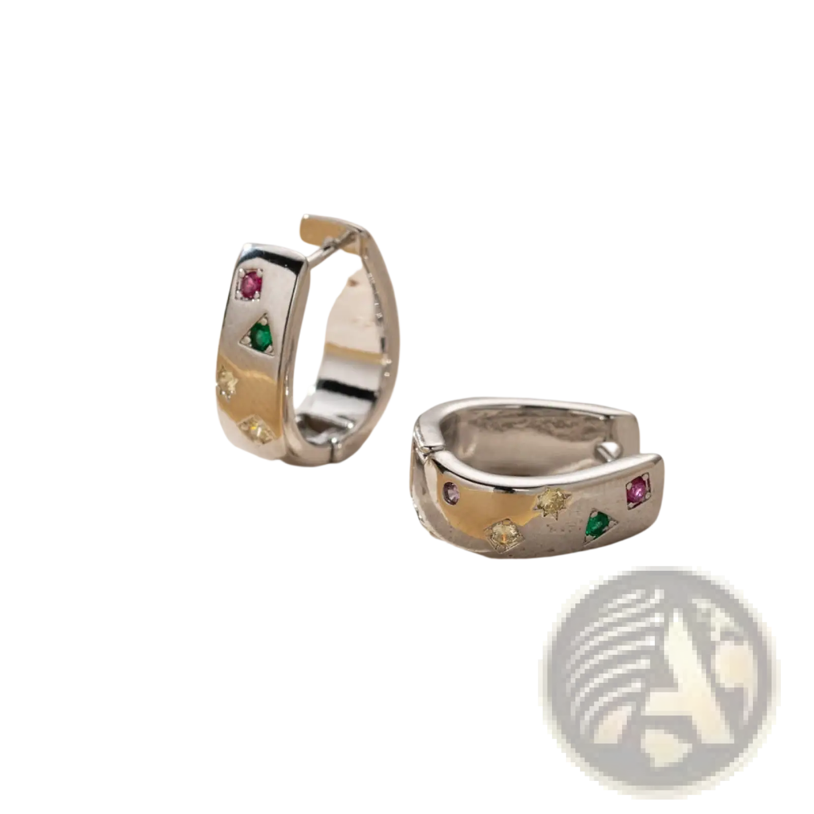 Silver huggie hoop earrings with geometric pattern of colorful zircon gemstones for elegant wear