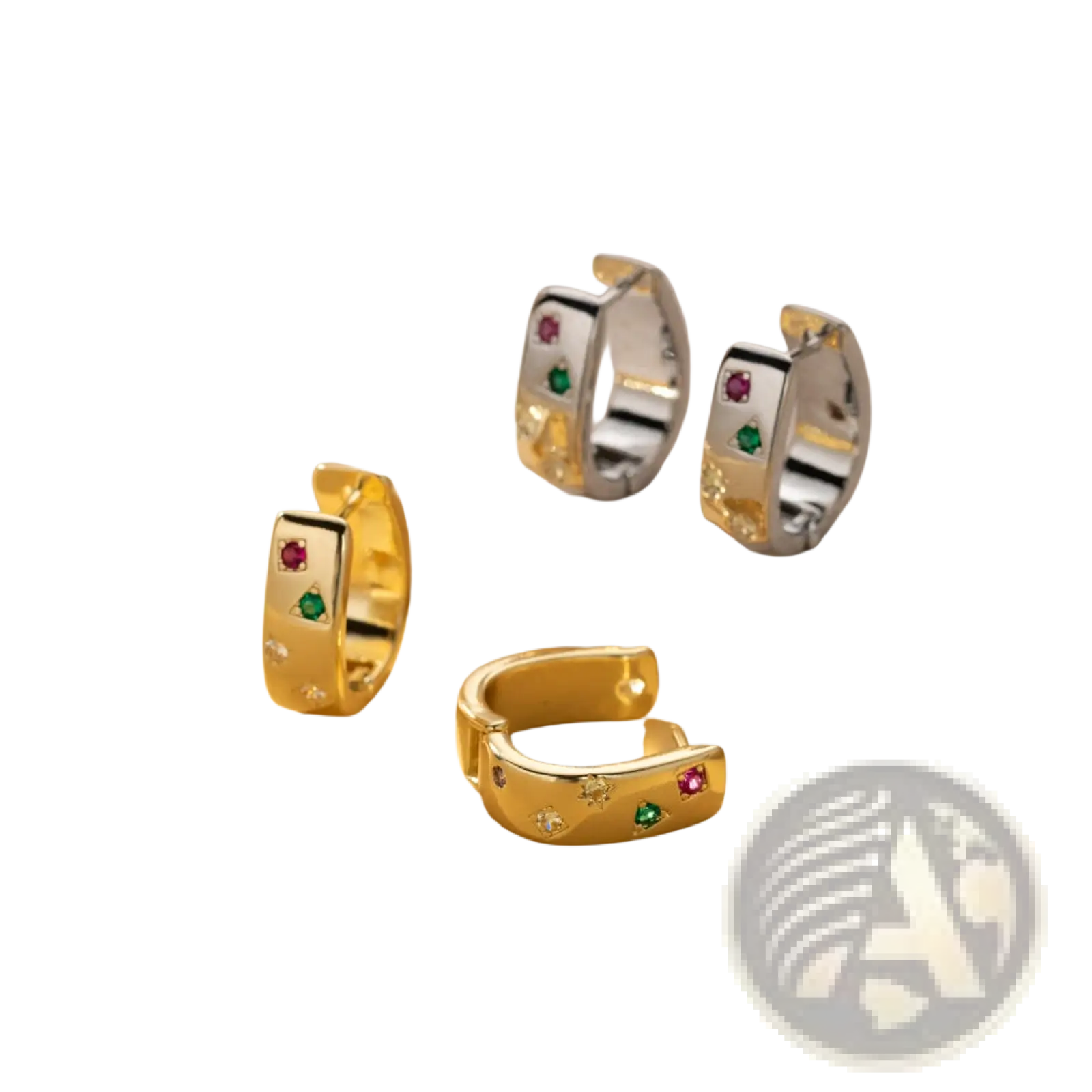 Gold-colored geometric huggie hoop earrings adorned with multicolor zircon gemstones for elegant wear