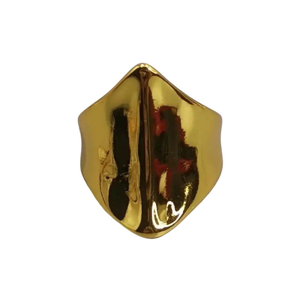 A bold gold-plated geometric open ring with a shield shape and smooth reflective surface in silver and gold metal