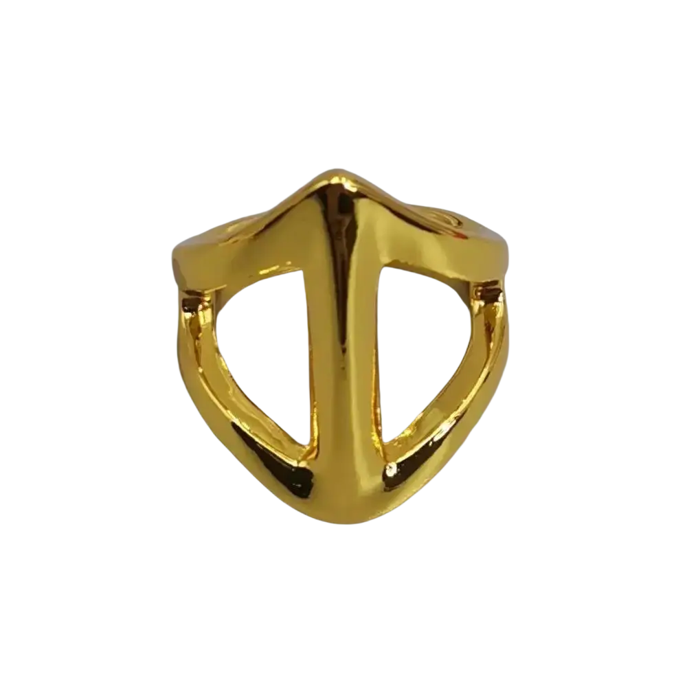 Gold-colored geometric open ring with a bold angular shield design made of shiny silver and gold metal jewelry