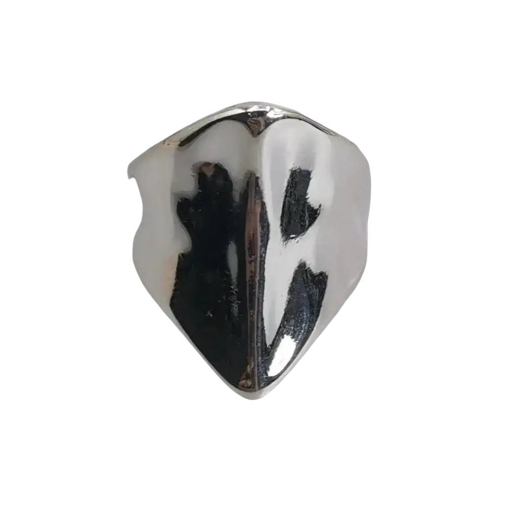 Shiny silver shield-shaped geometric open ring with bold modern design made of silver and gold metal jewelry