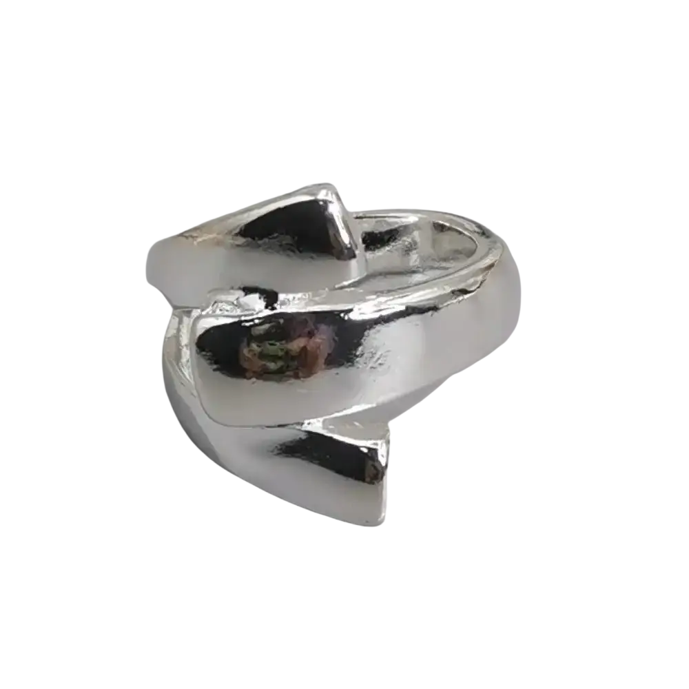 A sleek modern silver geometric open ring with bold abstract interlocking angular bands in metal jewelry design