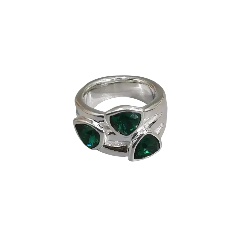 Silver geometric open ring featuring three triangular emerald green stones in a modern branch-like design