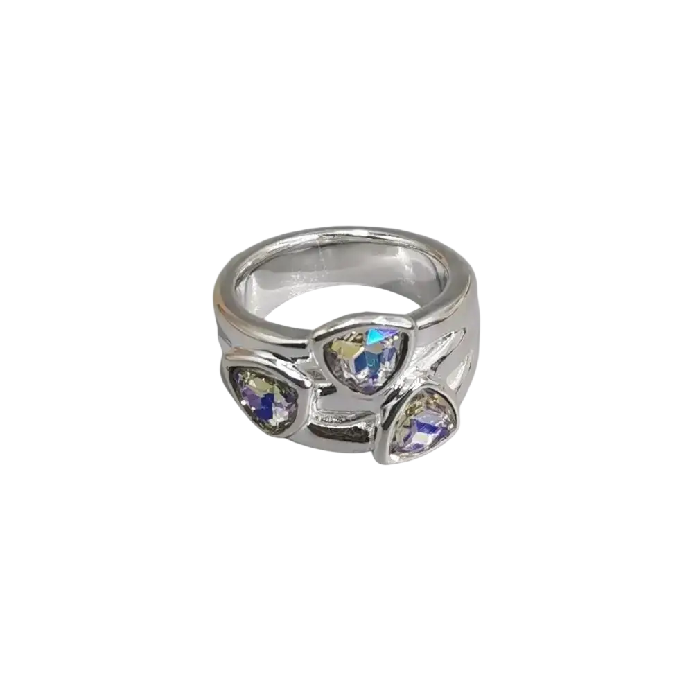 Silver geometric open ring featuring three iridescent triangular crystals in a modern silver and gold metal band