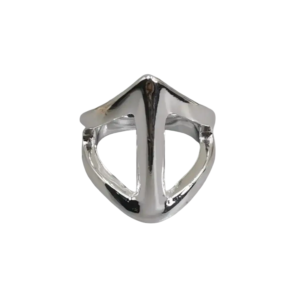 Silver-toned geometric open ring with bold angular abstract mask design in silver and gold metal jewelry