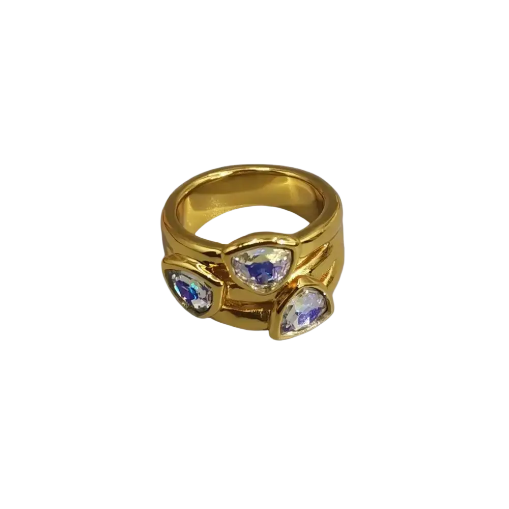 Gold-toned geometric open ring with three iridescent blue and white triangular stones on textured band