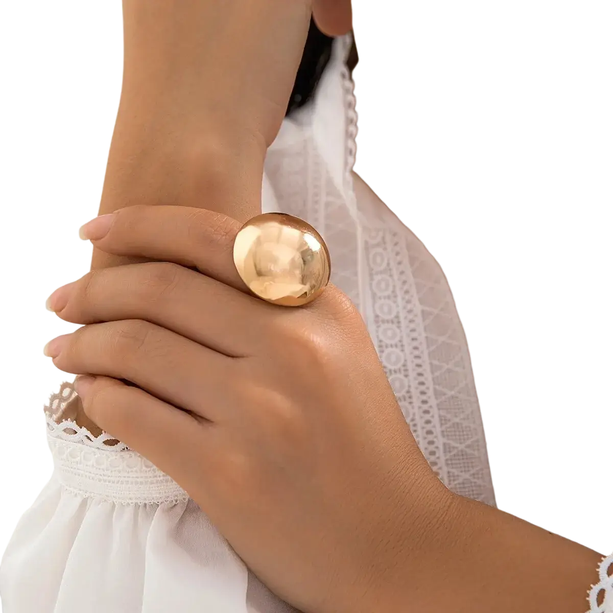 Geometric oval open ring for women in gold tone with hammered texture and round domed face worn on finger