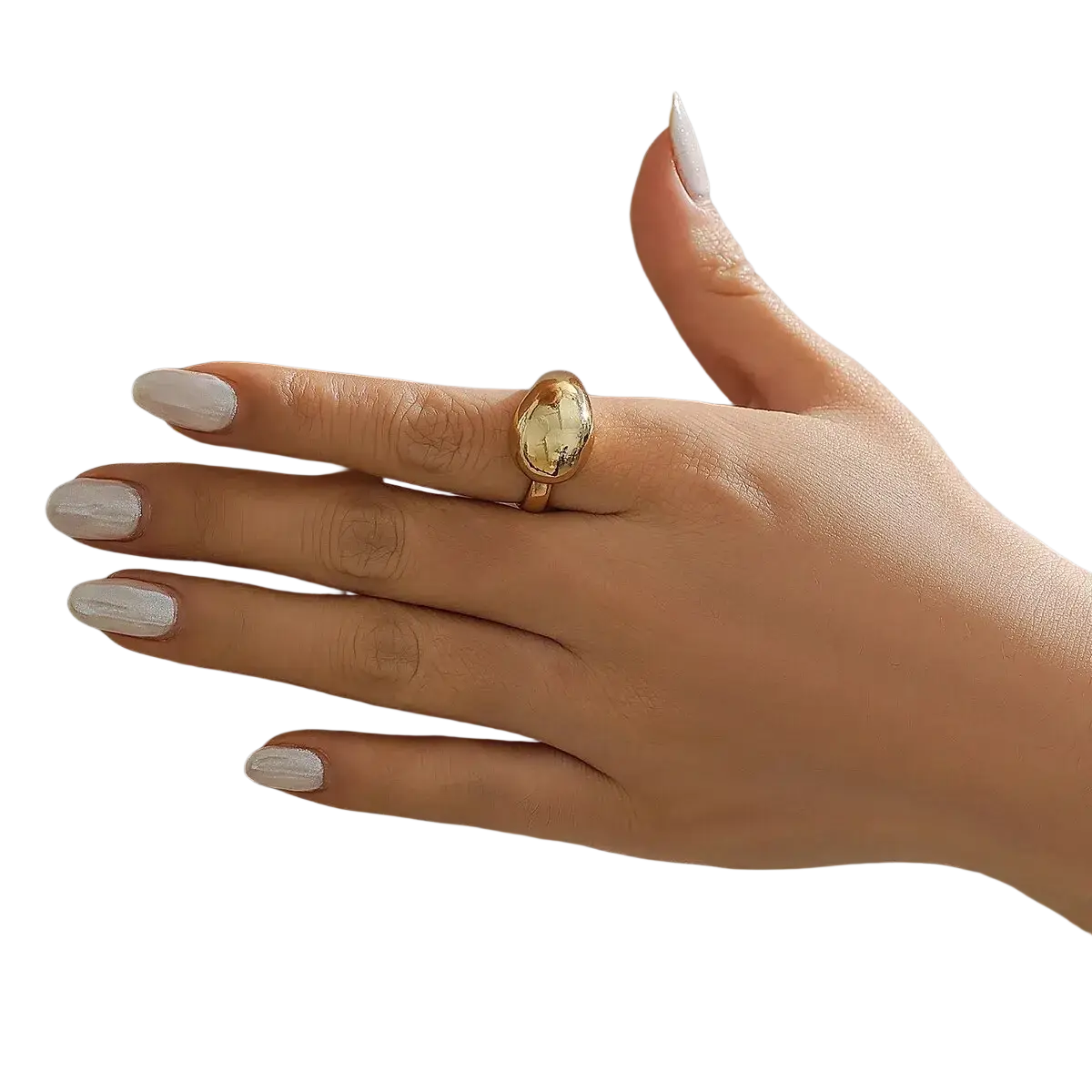 Gold-toned geometric oval open ring for women with a smooth oval stone set in a minimalist band
