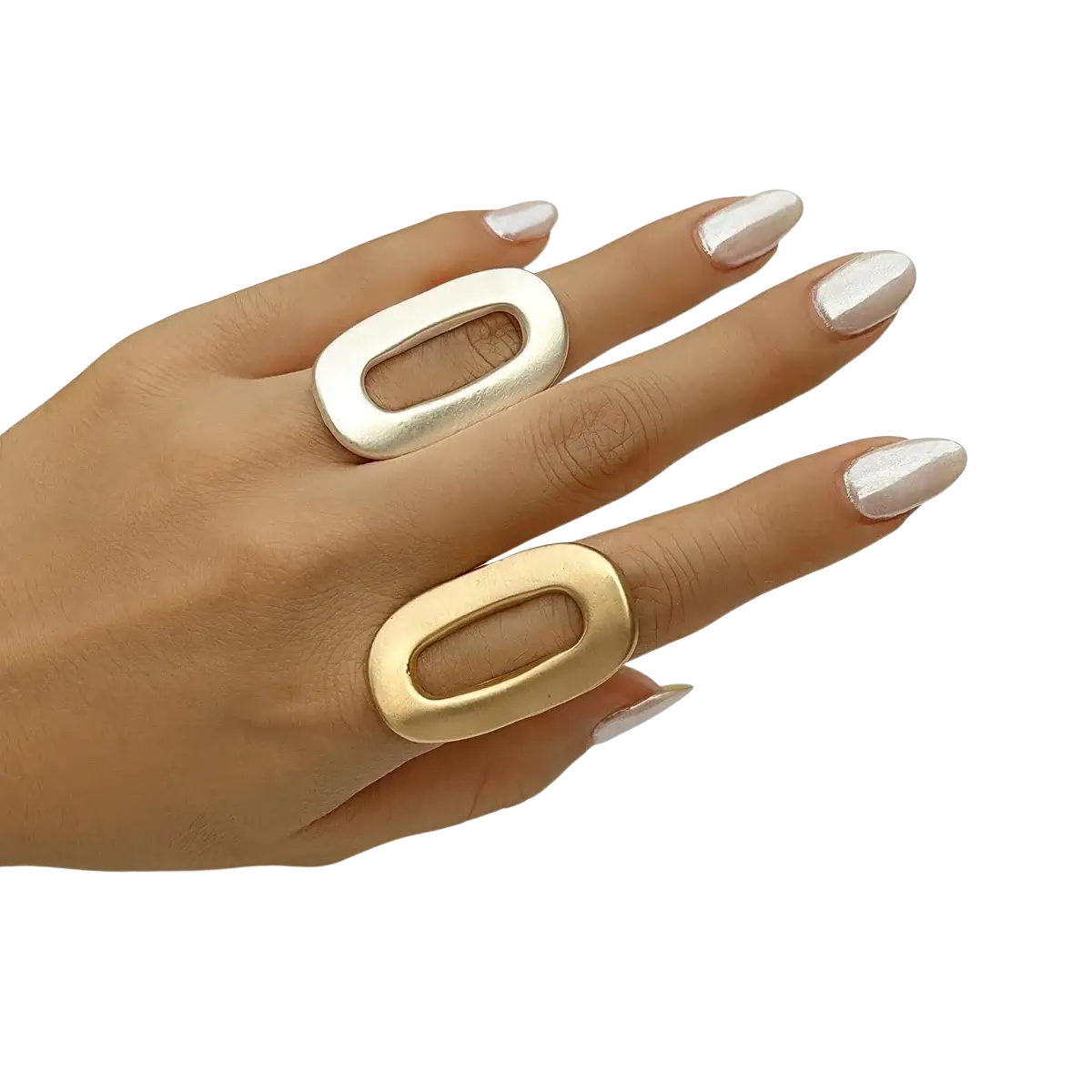 A pair of minimalist geometric oval open rings for women in gold and silver tones with a sleek metallic finish