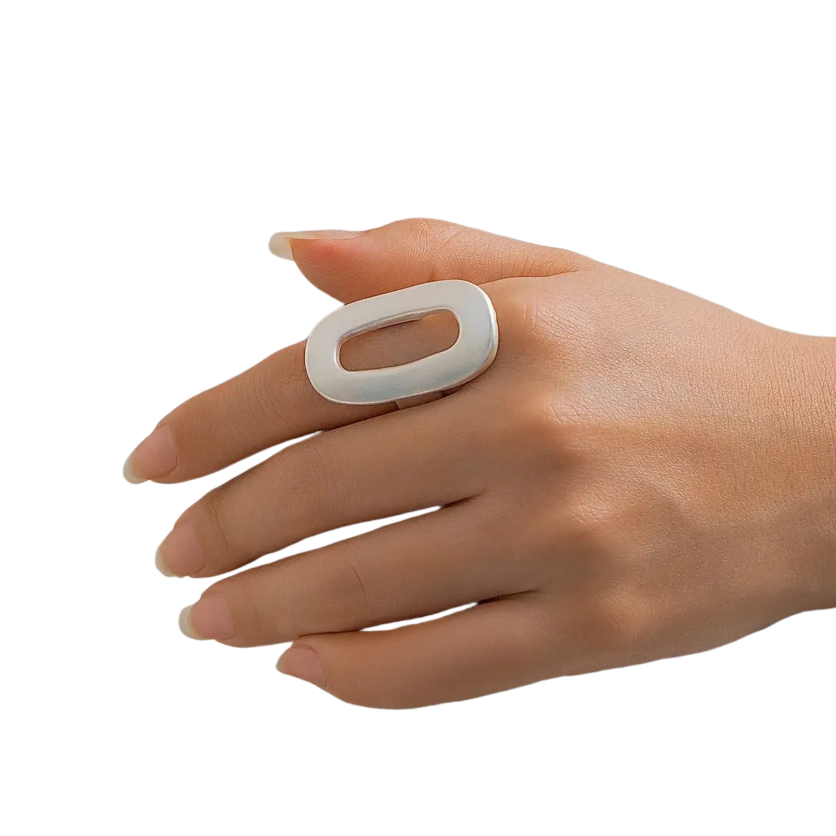 A sleek silver geometric oval open ring for women featuring a bold shape and central cutout design