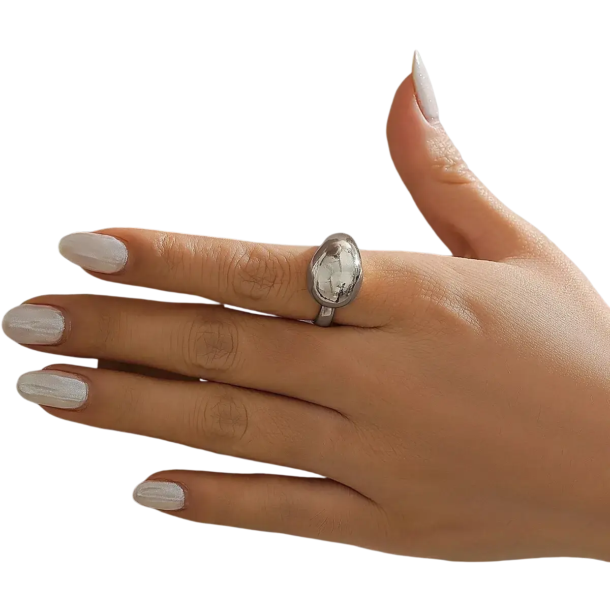 A sleek silver geometric oval open ring for women with a smooth oval stone set in a minimalist band