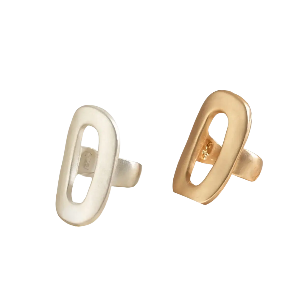 Two minimalist geometric oval open ring bands for women in matte white and polished gold finish