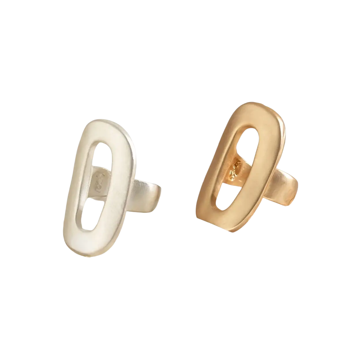 Two minimalist geometric oval open ring bands for women in matte white and polished gold finish