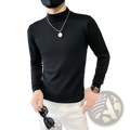 Black geometric pattern knit sweater for men with ribbed cuffs and neckline in a comfortable turtleneck style
