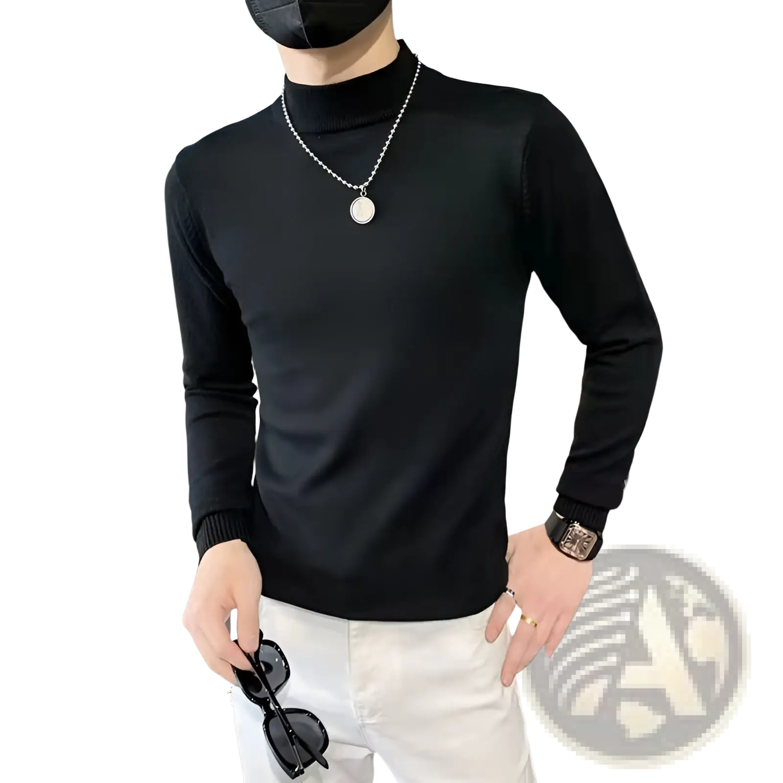 Black geometric pattern knit sweater for men with ribbed cuffs and neckline in a comfortable turtleneck style