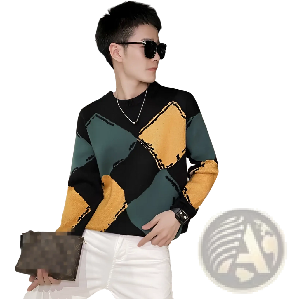 Geometric pattern knit sweater for men featuring black green and mustard-yellow colors with a crew neck design