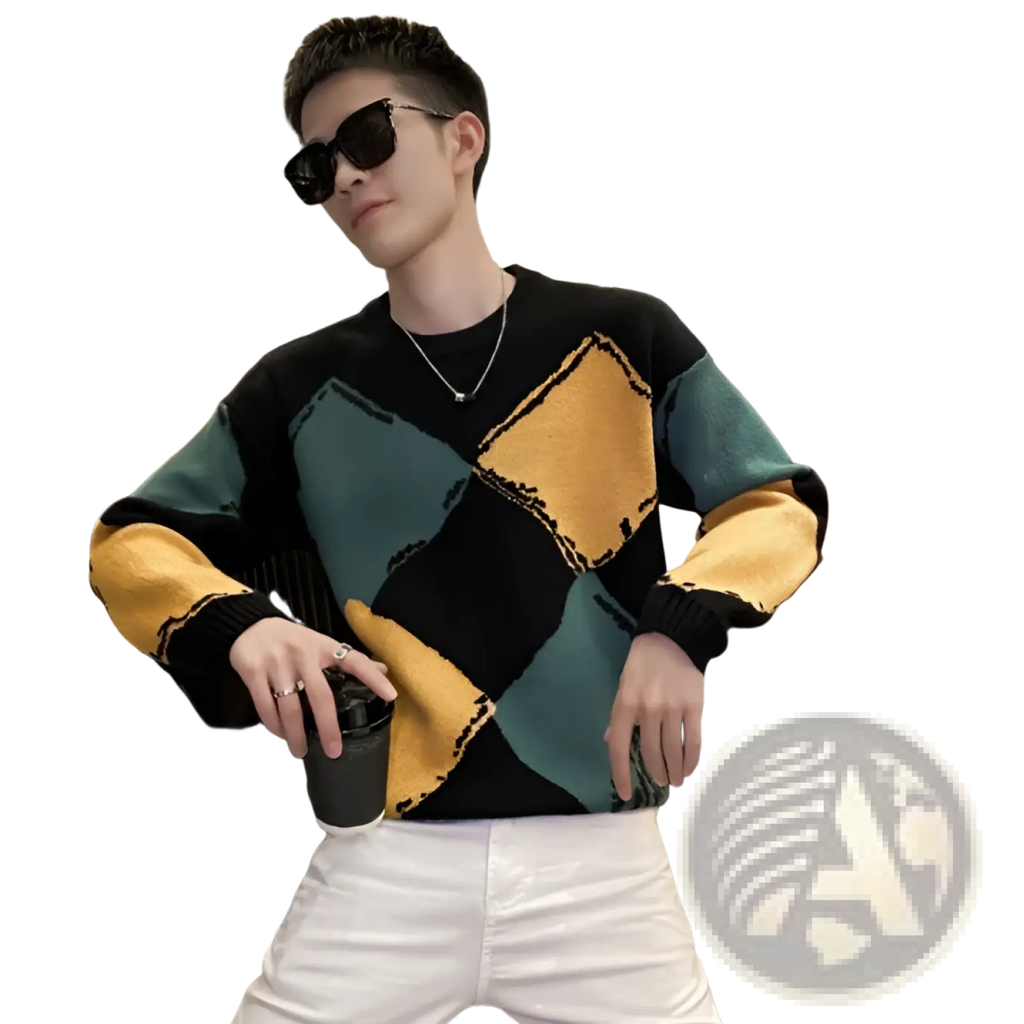 Geometric pattern knit sweater for men in black teal and mustard yellow with ribbed cuffs made of knit fabric