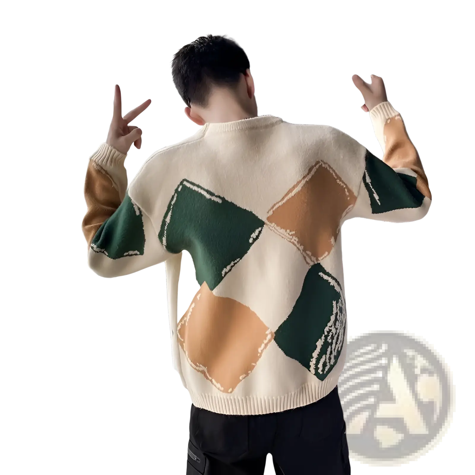 Cream-colored knit sweater for men with bold green and tan geometric blocks and ribbed neckline and cuffs