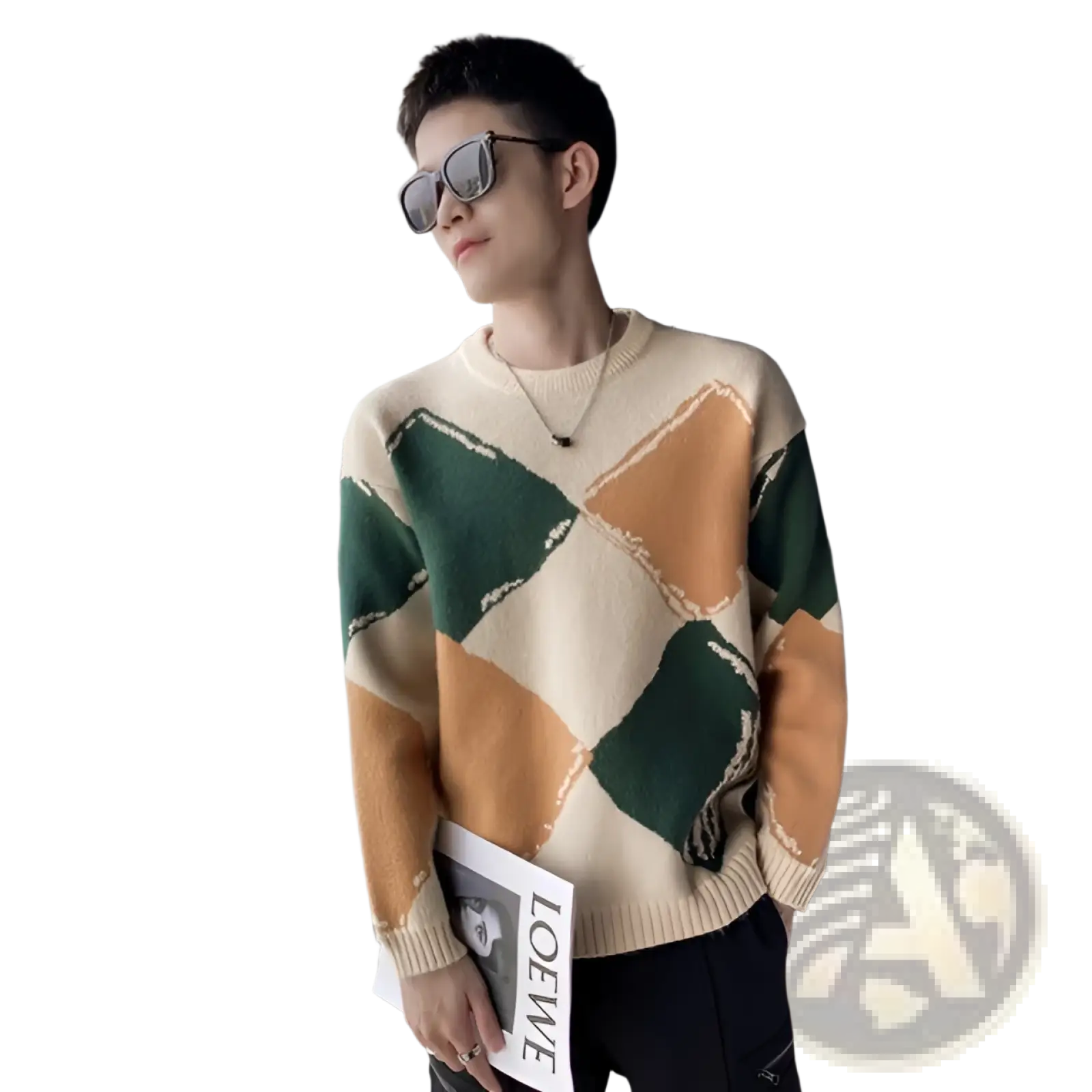 Geometric pattern knit sweater for men in cream color with bold green and orange geometric designs made of knit fabric