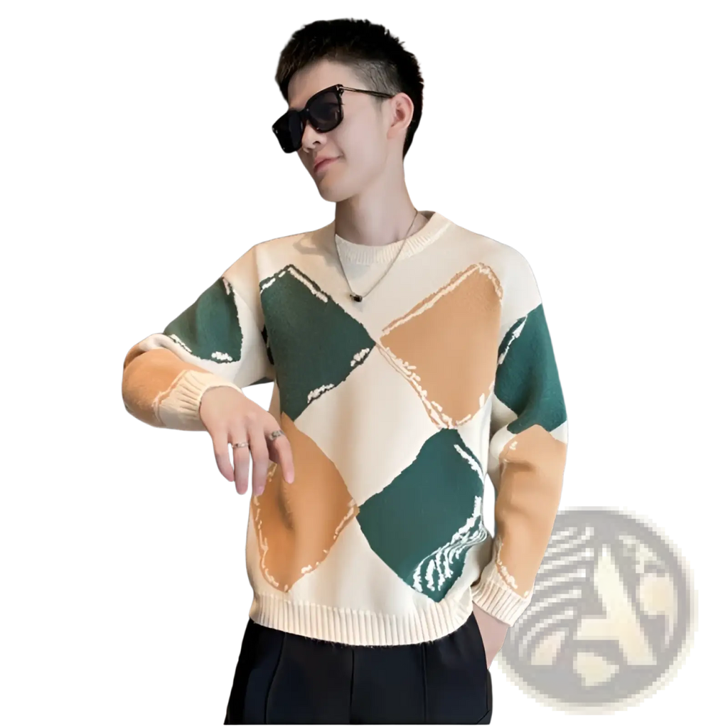 A cream-colored knit sweater for men featuring bold green and tan geometric patterns made from soft yarn