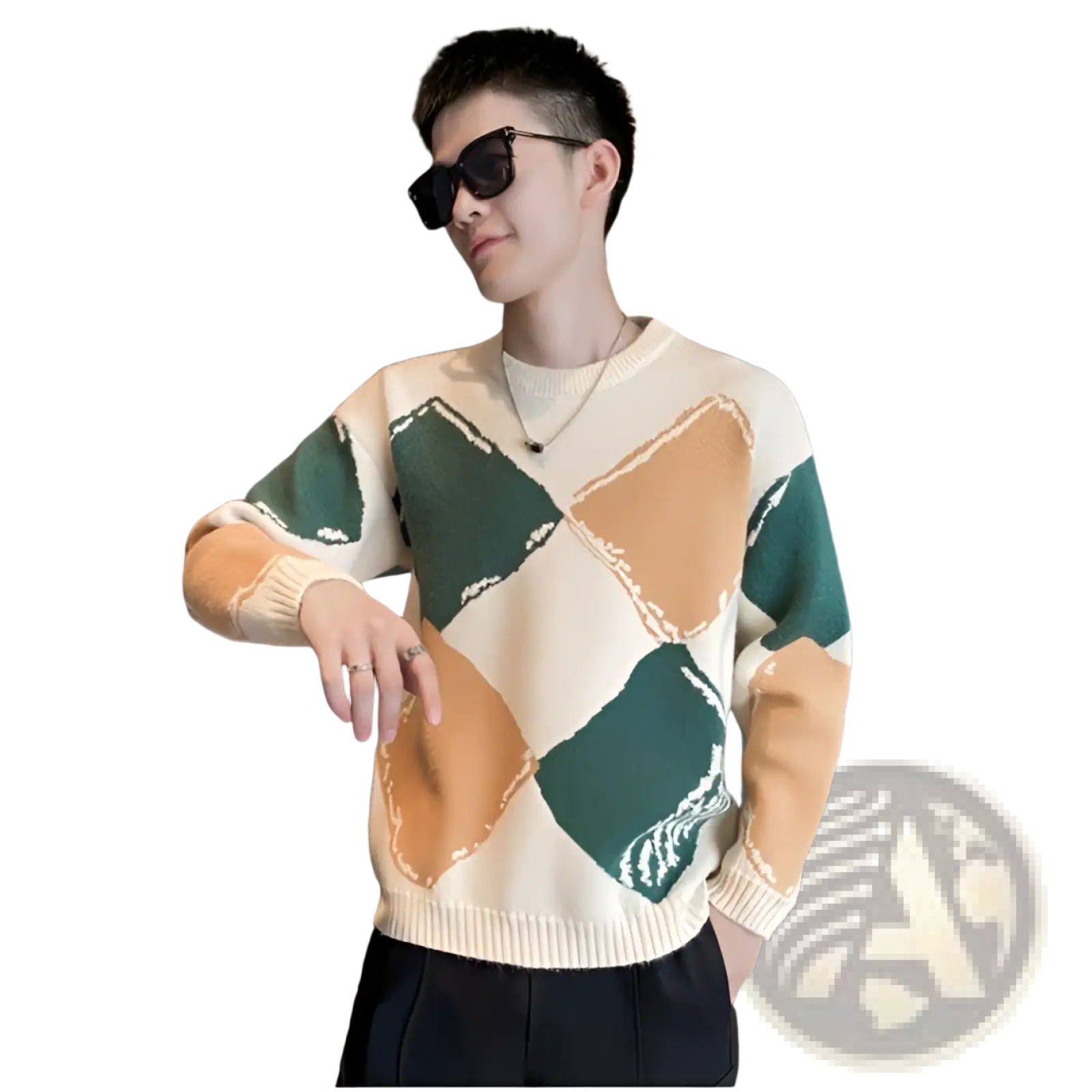 A cream-colored knit sweater for men featuring bold green and tan geometric patterns made from soft yarn