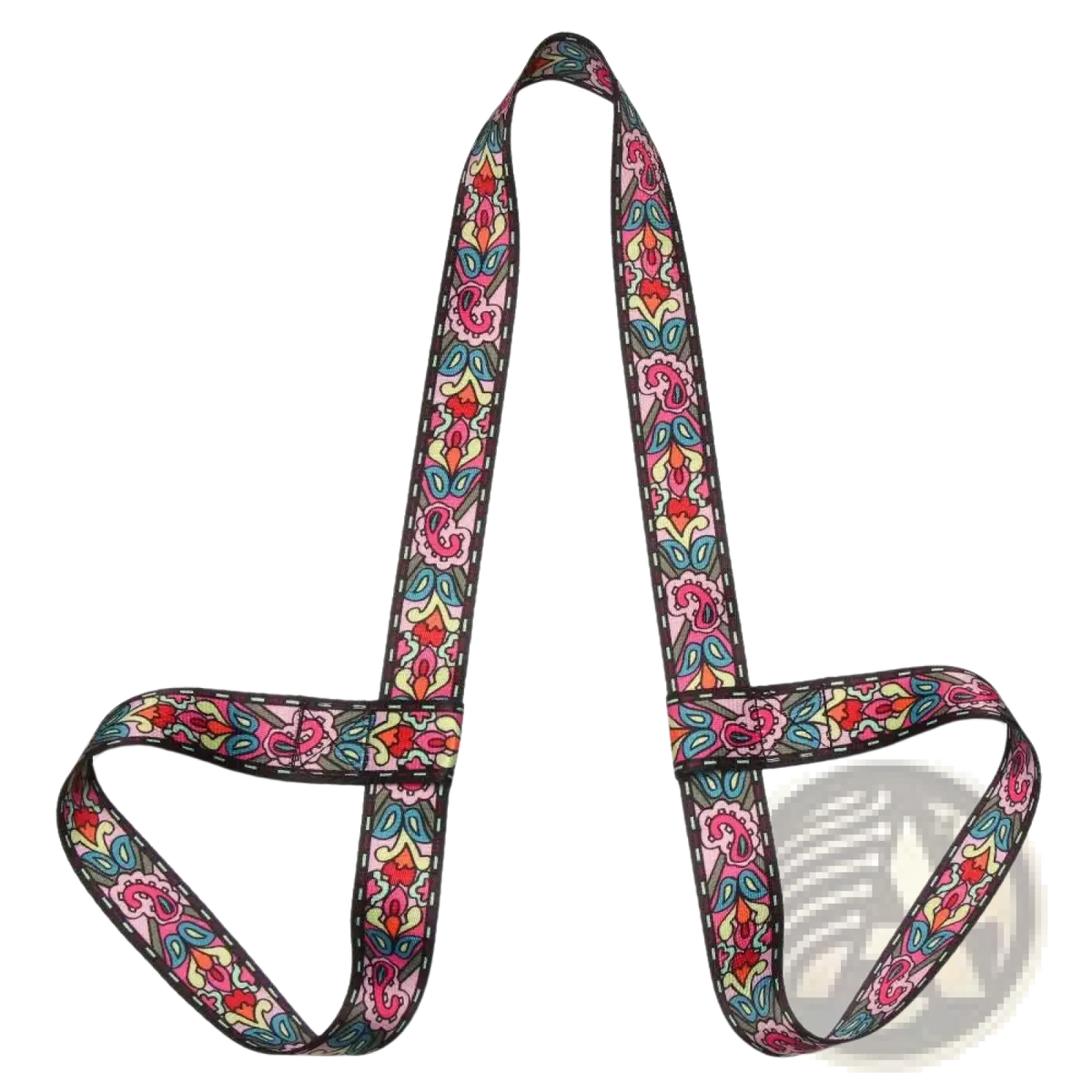 Geometric pattern yoga mat carry strap with vibrant colorful paisley design on dark background for easy transport