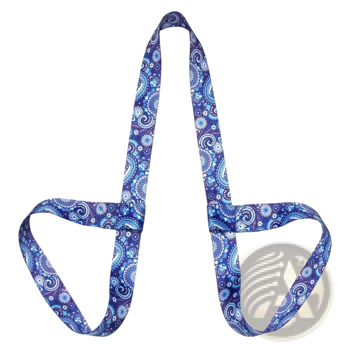 Geometric pattern yoga mat carry strap in blue and white paisley design with soft woven fabric texture
