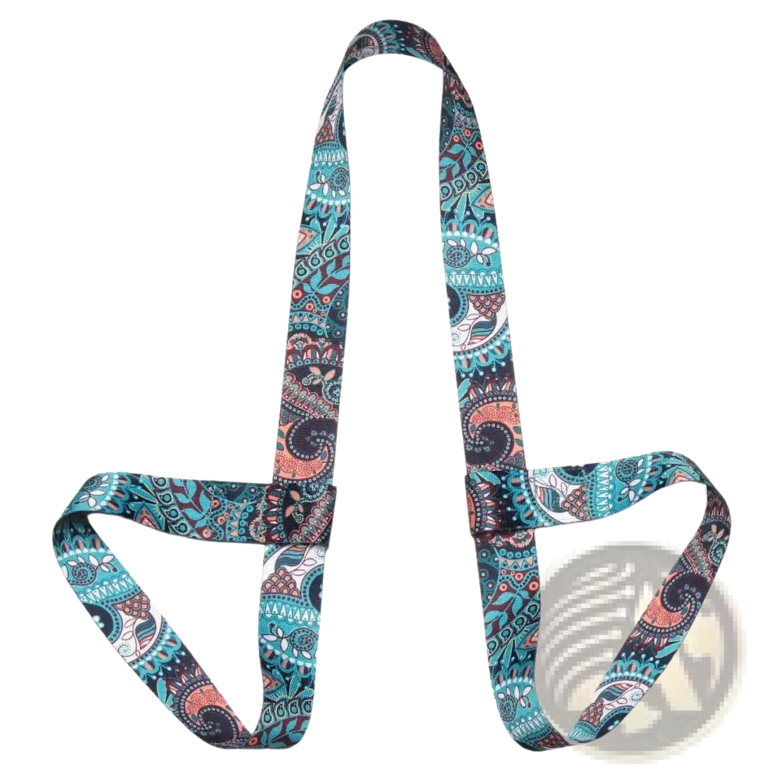 A vibrant teal and coral paisley-patterned yoga mat carry strap made of soft flexible fabric