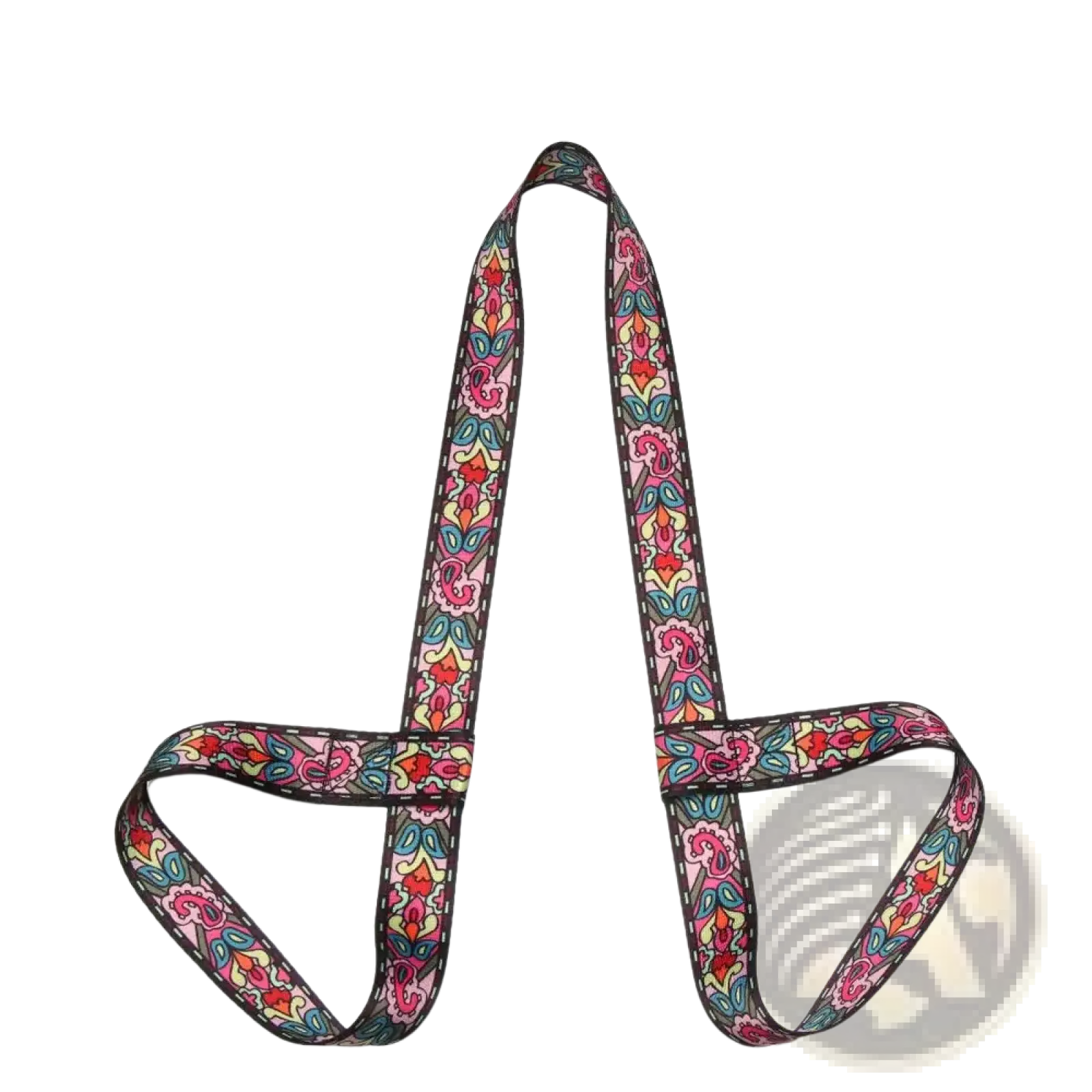 Geometric pattern yoga mat carry strap with colorful floral design in pink red and teal on dark fabric material