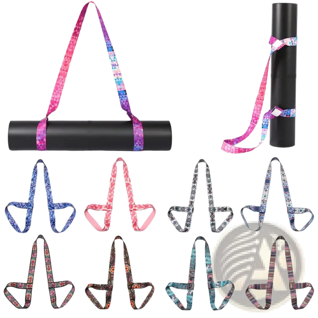 Geometric pattern yoga mat carry strap with colorful pink and purple gradient design for easy transport