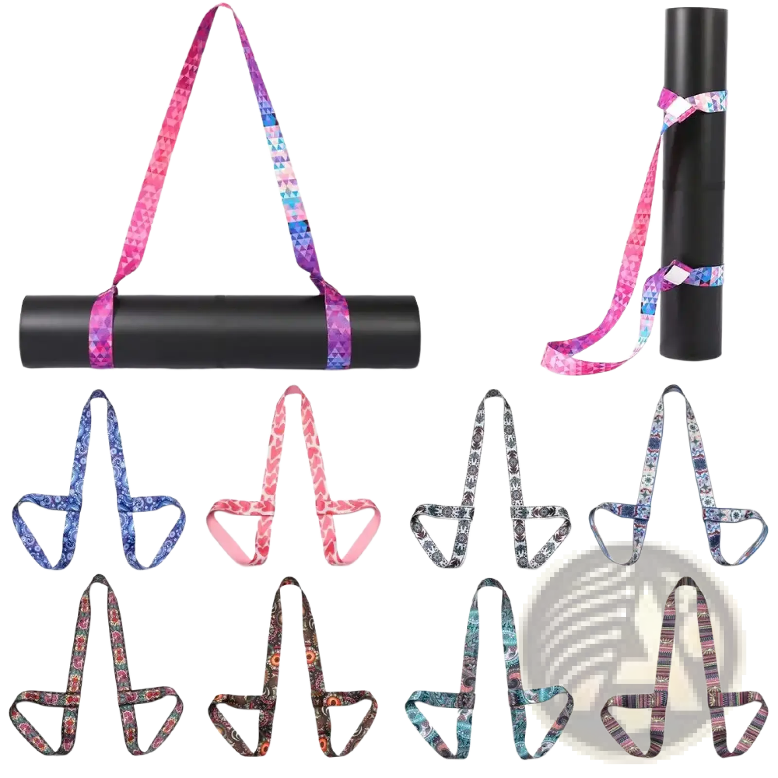 Geometric pattern yoga mat carry strap with colorful pink and purple gradient design for easy transport