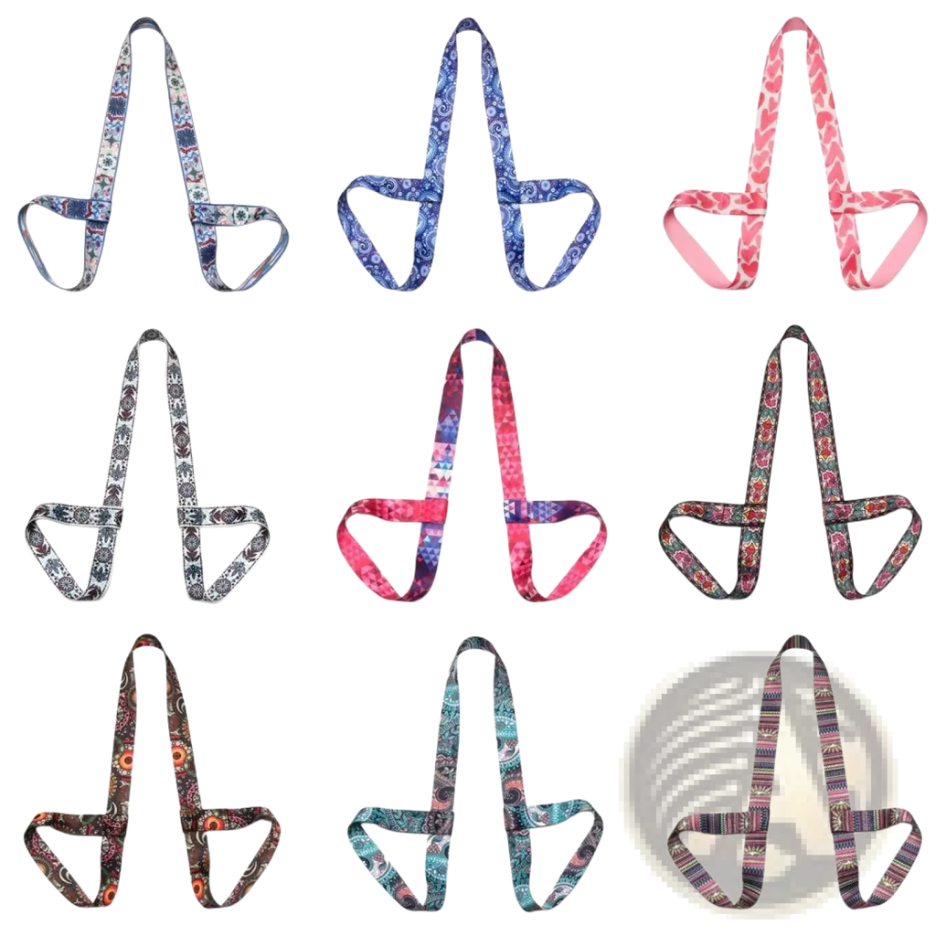 Colorful geometric pattern yoga mat carry straps in various designs and hues for easy mat transport