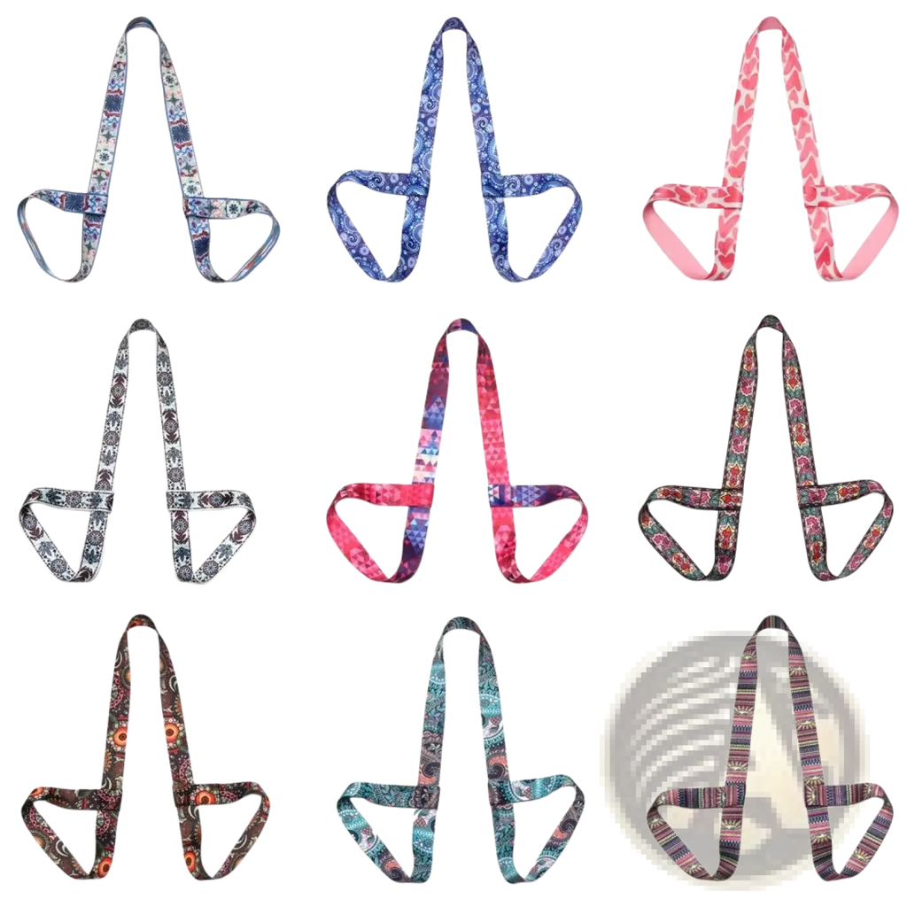 Nine colorful geometric pattern yoga mat carry straps made of fabric with vibrant multicolor designs for easy transport