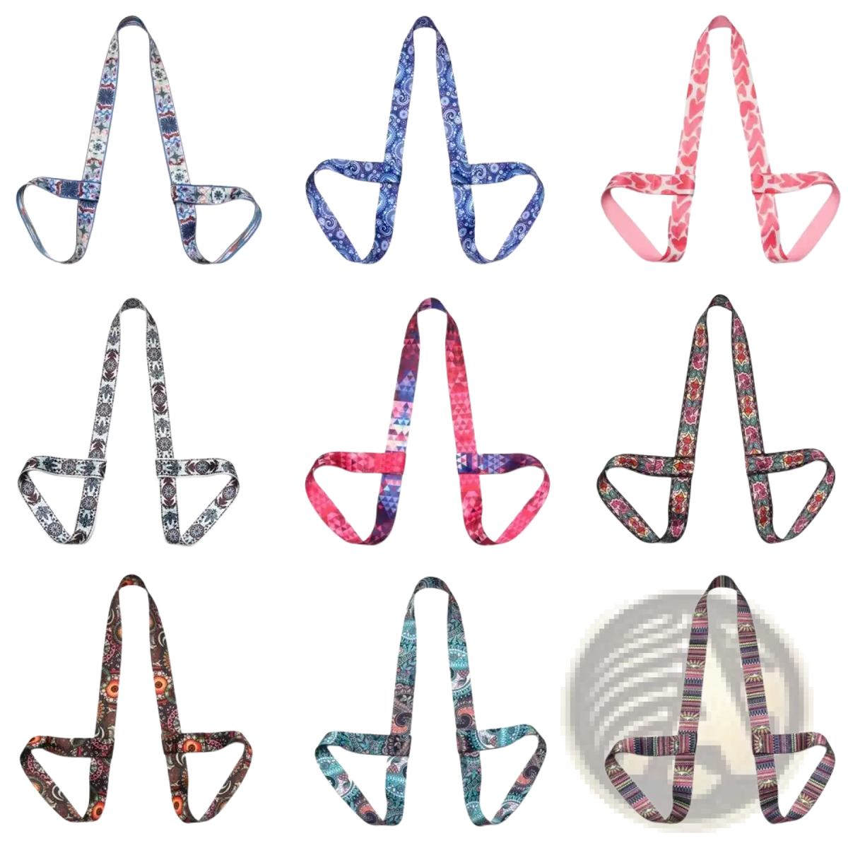 Nine colorful geometric pattern yoga mat carry straps made of fabric with vibrant multicolor designs for easy transport