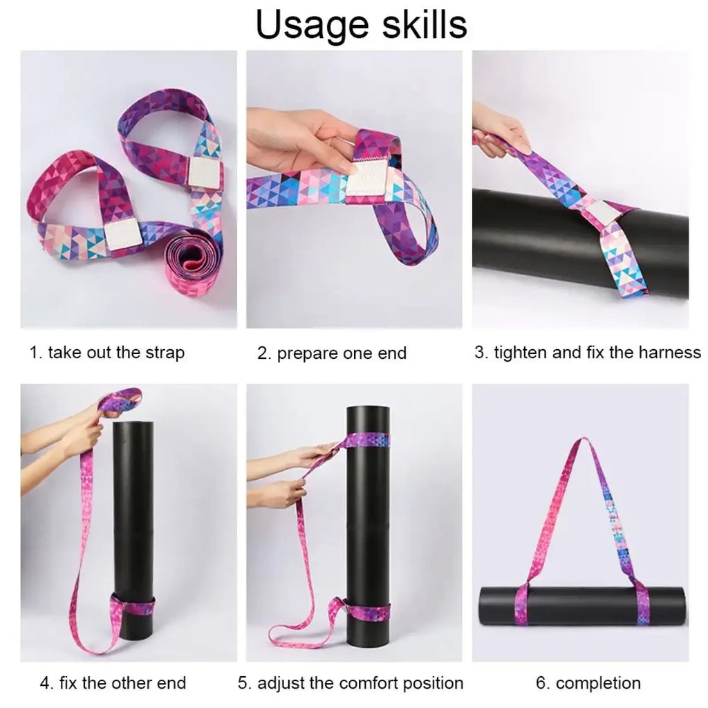 A vibrant geometric pattern yoga mat carry strap featuring purple pink and blue hues for easy transport