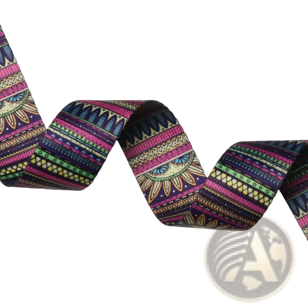 Geometric pattern yoga mat carry strap featuring vibrant pink purple green and gold geometric and sunburst designs