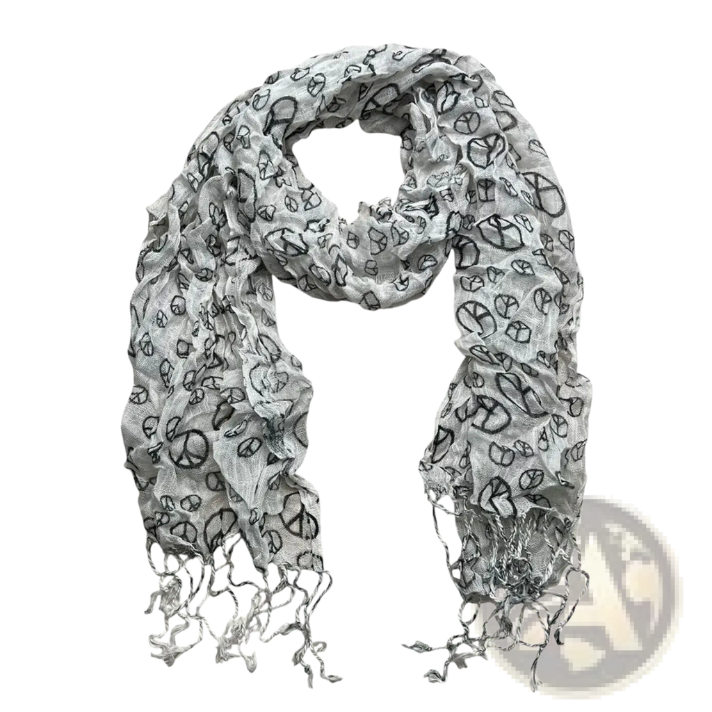 A lightweight sheer gray viscose scarf with black peace signs hearts and delicate fringed edges