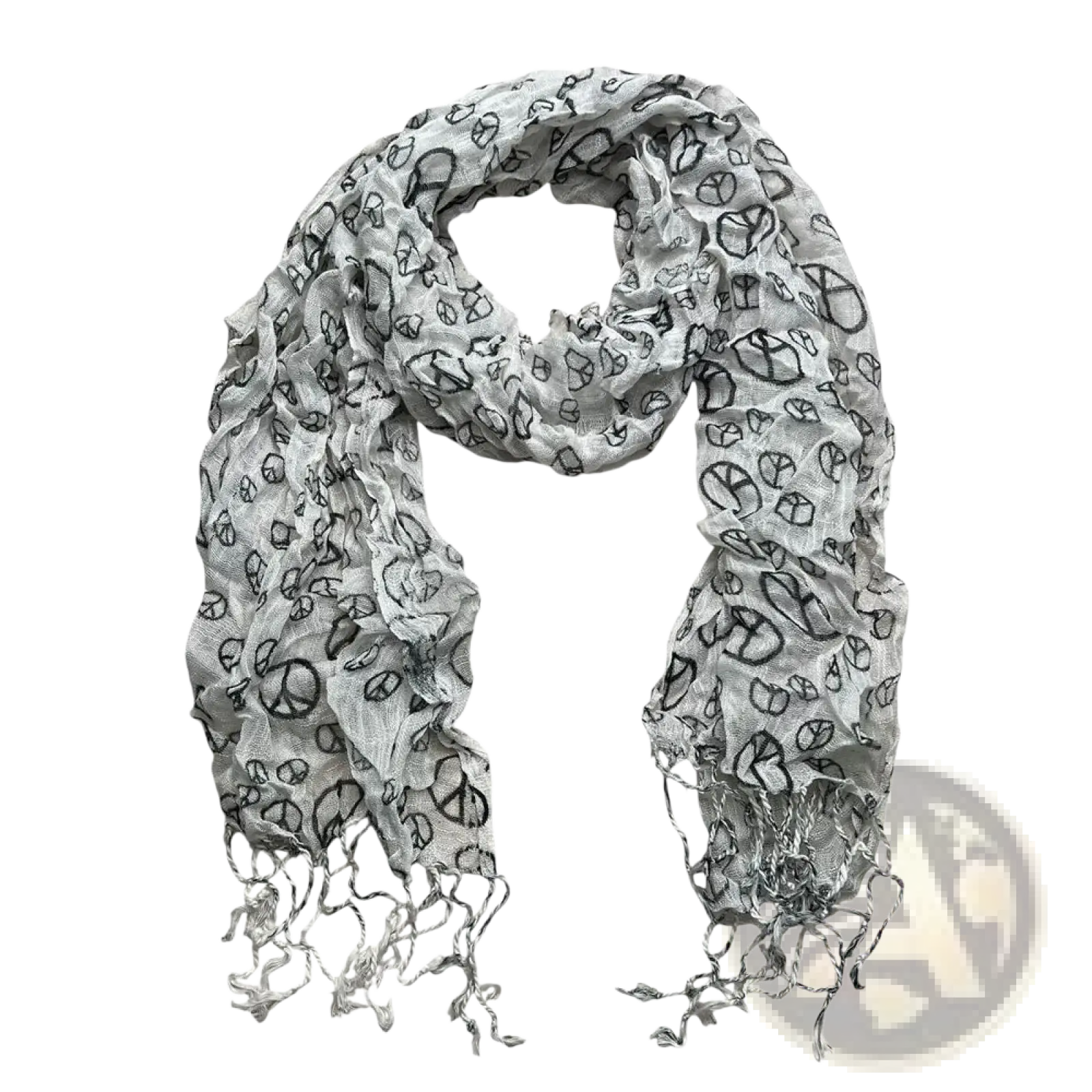 A lightweight sheer gray viscose scarf with black peace signs hearts and delicate fringed edges