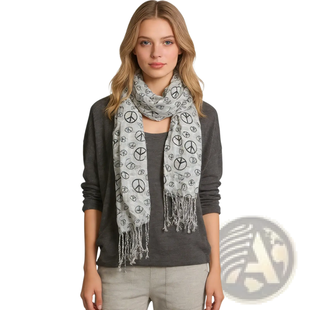 Light gray viscose scarf with black geometric peace sign pattern and fringed edges for stylish wear