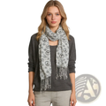 Light gray viscose scarf with black geometric peace sign pattern and fringed edges for stylish wear