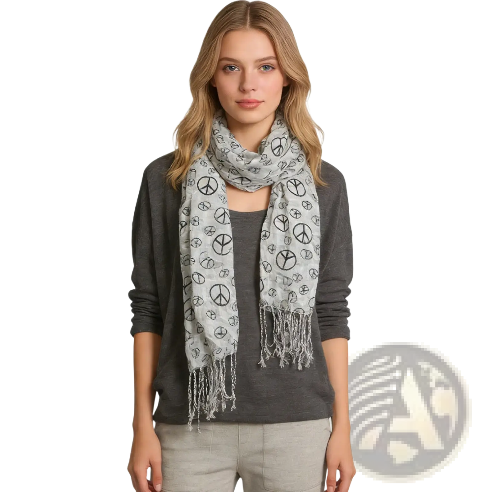 Light gray viscose scarf with black geometric peace sign pattern and fringed edges for stylish wear