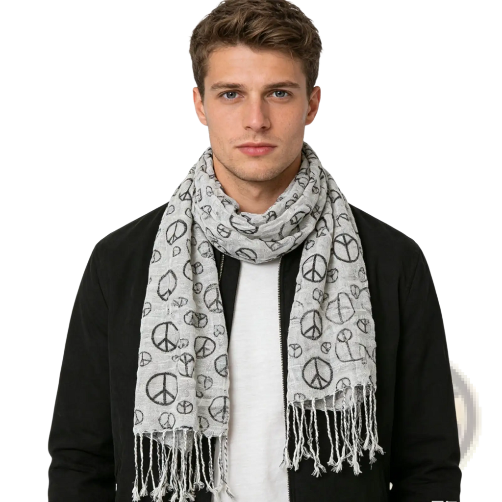 Light gray viscose scarf with black peace sign and heart pattern and fringed edges geometric peace sign design